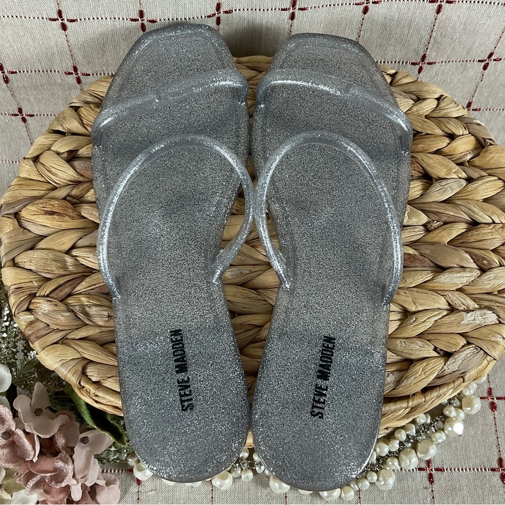 Set of 2 Steve Madden “PIKE” Jelly Flip Flop Sandals Size 9 Black & Silver New - Picture 7 of 8